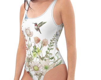 Wildflower Hummingbird One-Piece Swimsuit: Cottagecore Floral Bathing Suit