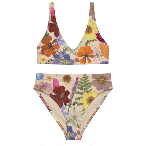 Pressed Flower High-Waisted Bikini, Floral Two Piece Swimsuit