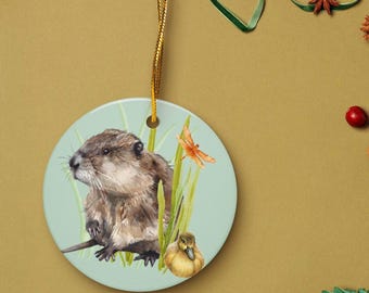 Muskrat with Baby Duck Christmas Ornament, Coastal Holiday Decor, Ceramic Nature Inspired Ornament