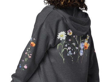 Pastel Floral Zip Hoodie: Boho Cottagecore Botanical Sweatshirt
