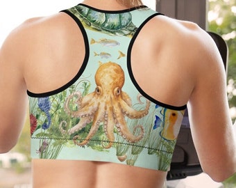 Sea Life Padded Sports Bra: Sea Turtle & Octopus Print