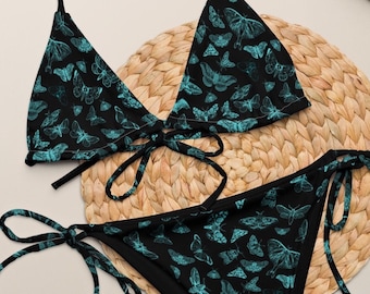 Moth Print Recycled String Bikini: Dark Academia Swimsuit