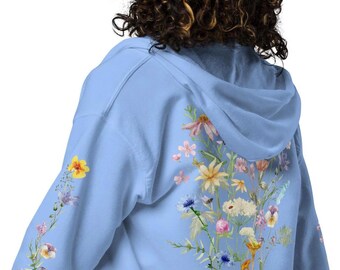 Pastel Botanical Watercolor Hooded Sweatshirt, Boho Cottagecore Floral Zip Hoodie, Fairycore Wildflowers Crewneck Hoody