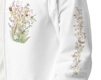 Pastel Wildflower Zip Hoodie: Faded Vintage Botanical Sweatshirt