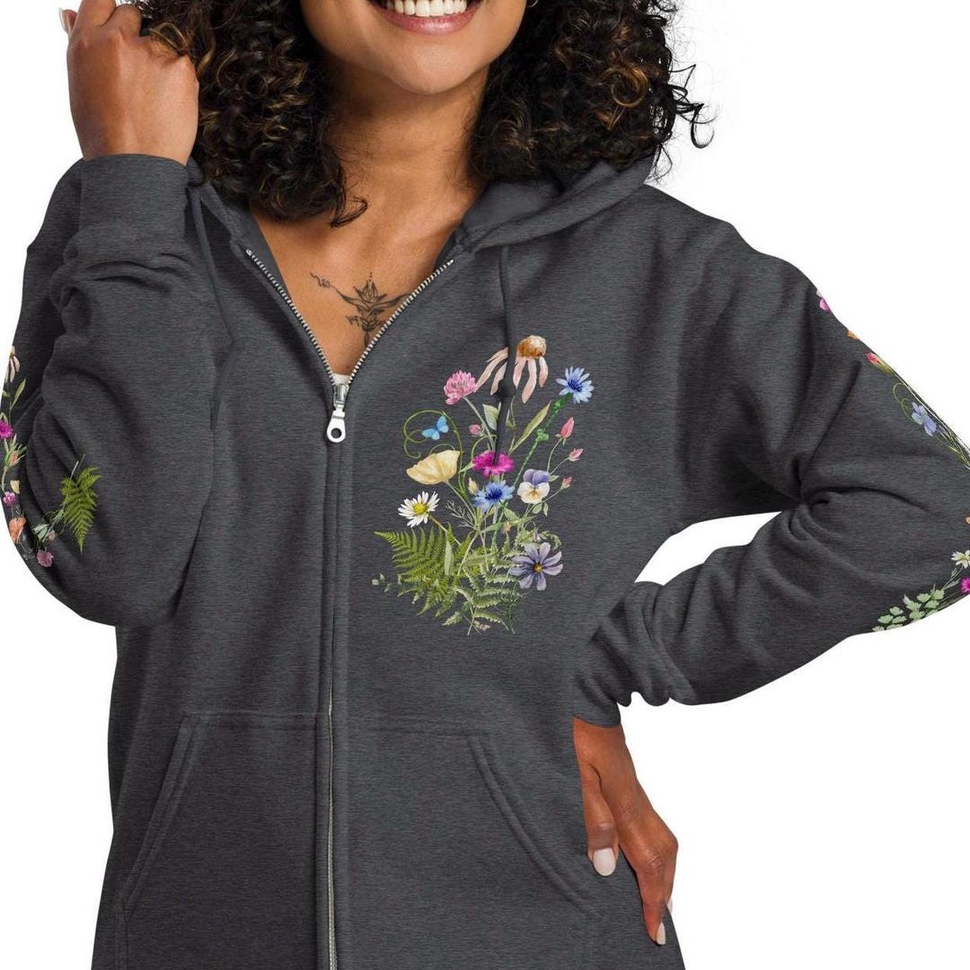 Botanical Wildflower Zip Hoodie: Cottagecore Fern Frog Print - Etsy