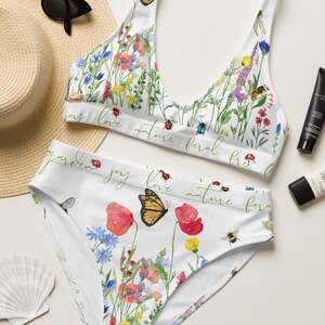In the Meadow Wildflower Recycled High Waist Bikini, Retro High Waist Two Piece White, Bees, Bugs, Butterflies Swimwear, Cottagecore Bikini