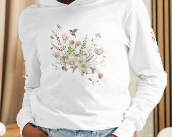 Wildflower Hummingbird Hooded Tee: Lightweight Floral Long Sleeve