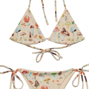 Woodland Mushrooms Recycled String Bikini, Goblincore Bathing Suit,Mushrooms and Faeries Swimwear, Nature Print Two Piece Swimsuit, Nymph