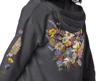 Pastel Floral Zip Hoodie: Boho Cottagecore Pressed Flowers Sweatshirt