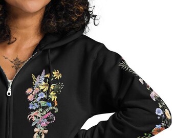 Pastel Wildflower Zip Hoodie: Boho Cottagecore Floral Sweatshirt