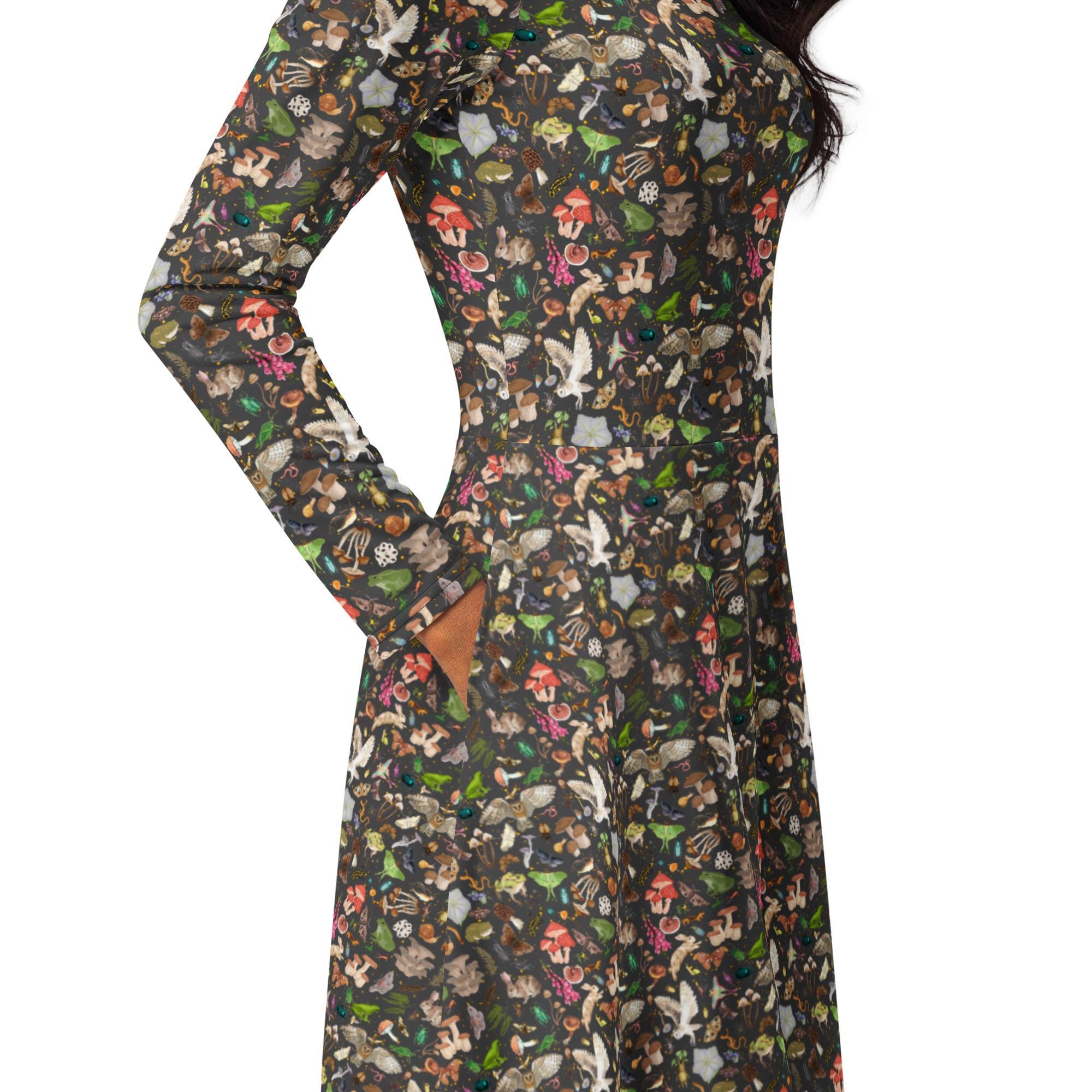 Forest Print Midi Dress: Long Sleeve Goblincore Botanical Dress - Etsy