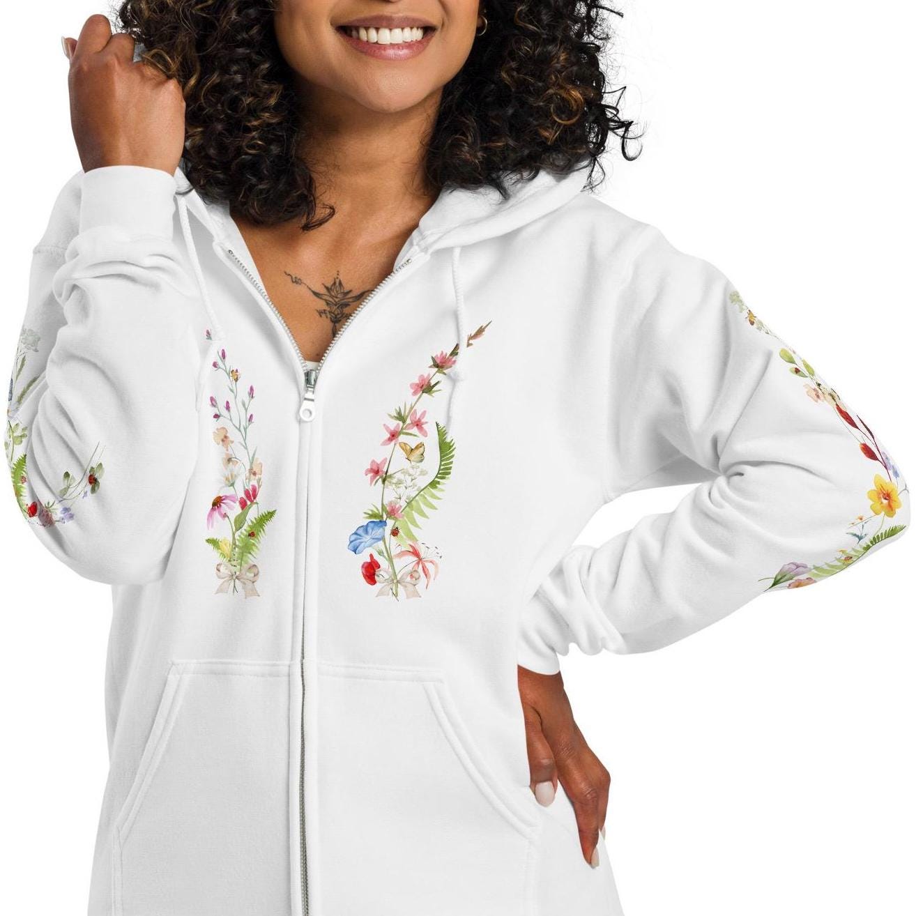 Pastel Botanicals Zip Hoodie, Watercolor Wildflowers and Bow