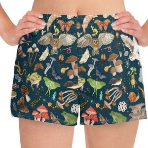 Night Forest Print Shorts, Goblincore Shorts, Owl, Mushroom, Frog, Moth Pattern Swim Shorts,Recycled Poly Forest Friends Shorts