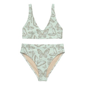 Aqua Butterfly Swimwear, Retro Butterflies Print Recycled High Waist Bikini, Aesthetic Beachwear, Vacation Two Piece, Soft, Comfy and Boho