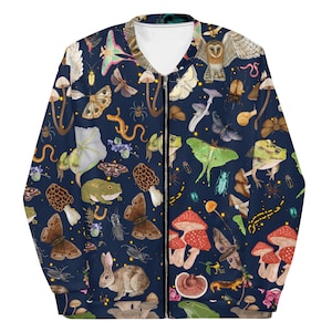 Forest Aesthetic Lighweight Fleece Lined Jacket Nature Streetware Jacket Forestcore Bomber Jacket Moth Frog Fern Mushroom Light Coat