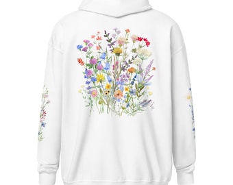 Botanical Wildflower Zip Hoodie: Pastel Cottagecore Fleece Sweatshirt