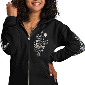 Pastel Botanical Hooded Sweatshirt, Boho Cottagecore Floral Zip Hoodie, Fairycore Wildflowers Hoodie, Vintage Pressed Flowers Crewneck Hoodi