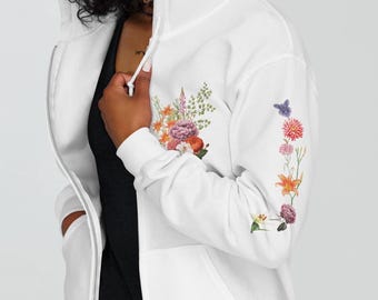 Vintage Floral Zip Hooded Sweatshirt Boho Retro Flowers Printed Sleeves Hoodie Wildflower Crew Neck Hooded Sweatshirt