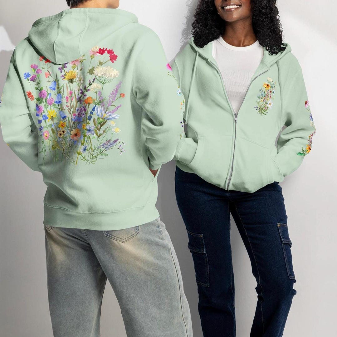 Cottagecore Wildflower Zip Hoodie: Floral Back Print, Relaxed Fit - Etsy