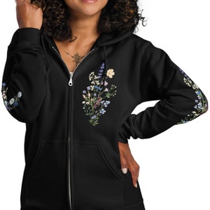 Pastel Botanical Hooded Sweatshirt, Boho Cottagecore Floral Zip Hoodie, Fairycore Wildflowers Hoodie, Vintage Pressed Flowers Crewneck Hoodi