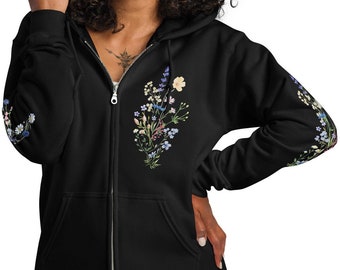 Wildflower Fleece Zip Hoodie: Pastel Botanical Cottagecore Sweatshirt