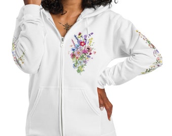 Wildflower Bouquet Zip Hoodie: Pastel Floral Cottagecore Sweatshirt