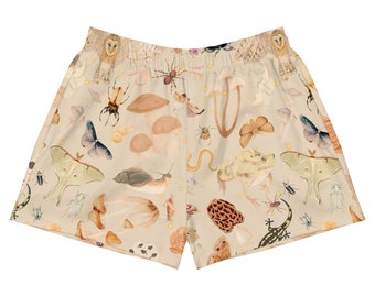 Forest Print Workout Shorts: Beige Woodland Recycled Polyester