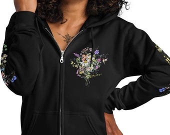 Wildflower Floral Hoodie: Cottagecore Botanical Zip Sweatshirt