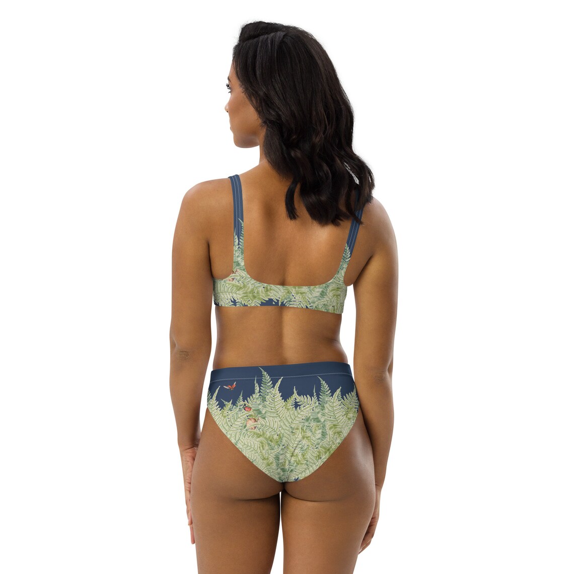 Retro Dark Blue High Waist Bikini With Fern Design, Navy High Waist ...