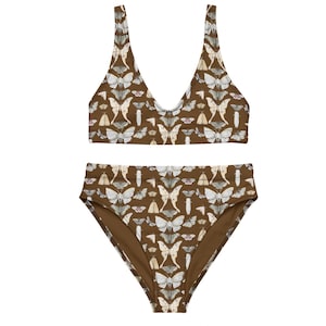 Brown Retro High Waisted Bikini Moth Bikini Goblincore Swimwear Academia Bikini Recycled Bikini White Moth Bikini