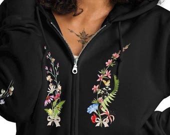Pastel Wildflower Zip Hoodie: Boho Floral Hooded Sweatshirt