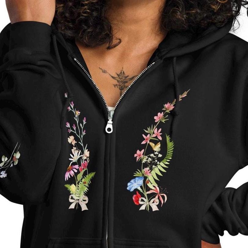 Pastel Botanicals Zip Hoodie, Watercolor Wildflowers and Bow