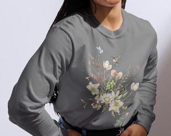 Hummingbird & Wildflower Long Sleeve Tee: Garment-Dyed Cotton Comfort