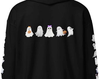May include: Black hoodie with a line of white ghosts printed on the back. The ghosts have different expressions and some are holding pumpkins. The sleeves have a pattern of smaller white ghosts.
