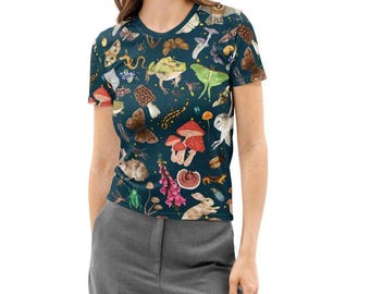 Forest Creatures Women’s Cotton Crew Neck T-shirt, Moth, Ferns, Bugs, Nature Animal Pattern Top