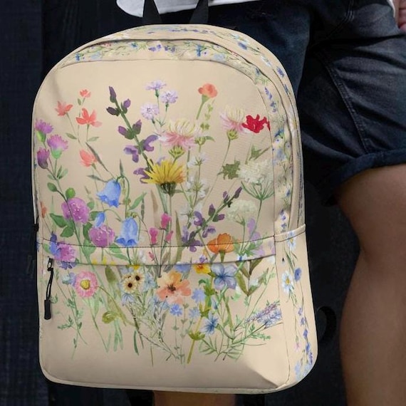Wildflower Beige Backpack: Weatherproof Floral Book Bag
