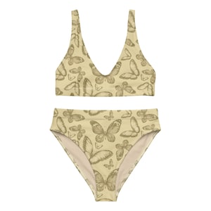 Faded Butterflies Print Recycled High Waist Retro Bikini, Cottagecore Swimwear, Nature Swimsuit, Butterfly Graphic Indie Two Piece Aesthetic
