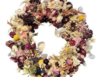 Organic Dried Floral Wreath 15" Ranunculus, Dahlia, Seed Pods, Handmade Crafty