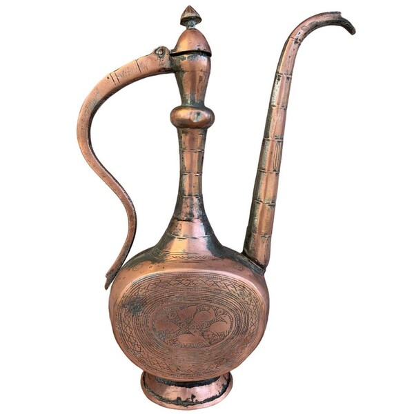 Aiguière à thé à eau Aftaba ancienne en cuivre, Perse du Moyen-Orient, 19e siècle