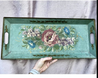 Vintage 1930s Large Tolle Painted Metal Tray with Rose Design