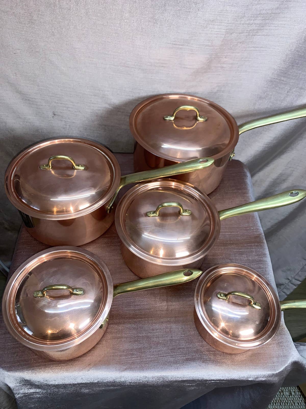 10 Piece Set Solid Copper Saucepans Stamped Made in Italy, Vintage 20th