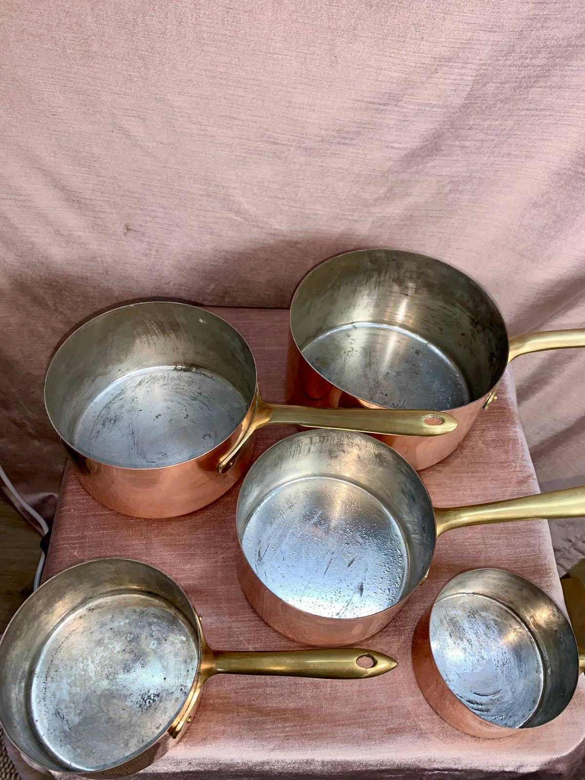10 Piece Set Solid Copper Saucepans Stamped Made in Italy, Vintage 20th