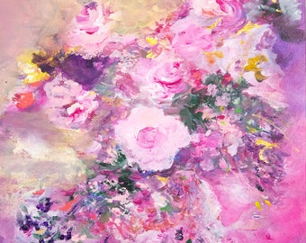 Pink Roses Abstract Acrylic Painting: Floral Wall Art (11x14)