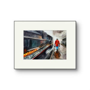 Misty Train Watercolor Painting: Nostalgic Railway Art, Steam Train Station