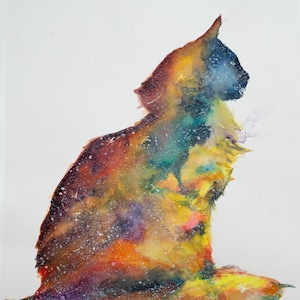 Original Watercolor Galaxy Cat Painting: Abstract Space Art (12x18 inches)