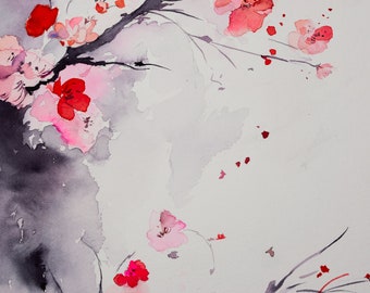 Cherry Blossom Watercolor Painting: Spring Flower Wall Art (12x9 inches)