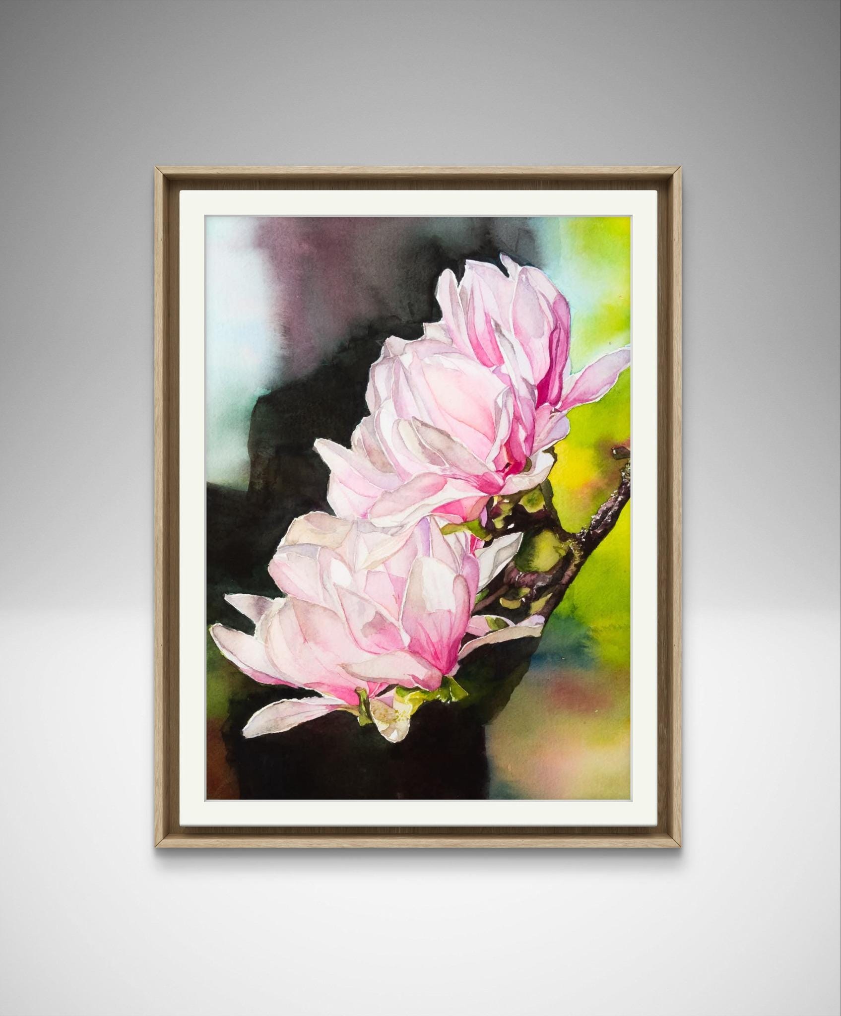 Original Pink Magnolias Watercolor Painting: Botanical Wall Art (9x12 in)