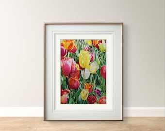 Colorful Tulips Watercolor Painting: Spring Floral Wall Art (12x16 inches)