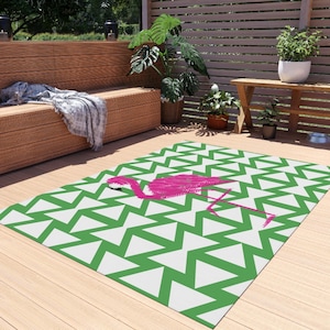 Tapis intérieur extérieur flamant rose preppy rose et vert cubiste moderne pop art design d'intérieur porche patio terrasse balcon terrasse boudoir chambre salle de bain tapis
