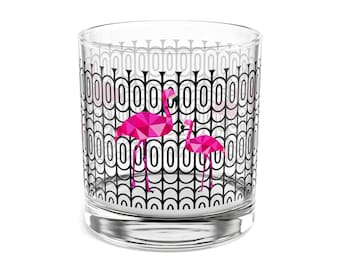 Modern Pink Flamingos 10oz Rocks Glass, Mid-Century Modern Vintage Inspired, Kitsch Cocktail Tiki Bar, Beach Pool Backyard Party Accessory